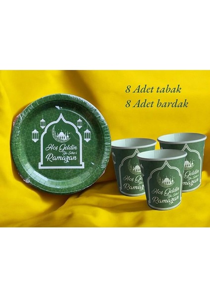 Hoşgeldin Ramazan 8 Kişilik Tabak 8 Adet Bardak Yeşil Seri Set