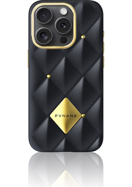 iPhone 16 Pro Kılıf Parlak Arka Yüzeyli Kabartma Kapitone Pynana Metal Diamond Serisi Kapak Siyah