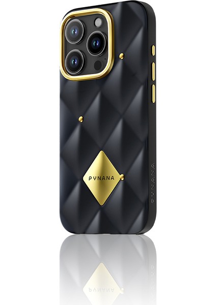 iPhone 16 Pro Kılıf Parlak Arka Yüzeyli Kabartma Kapitone Pynana Metal Diamond Serisi Kapak Siyah