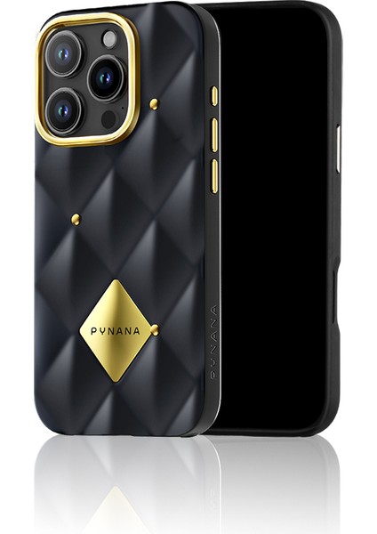 iPhone 16 Pro Kılıf Parlak Arka Yüzeyli Kabartma Kapitone Pynana Metal Diamond Serisi Kapak Siyah