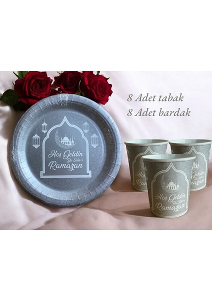 Hoşgeldin Ramazan Silver 8 Kişilik Tabak 8 Adet Bardak Silver Seri Set