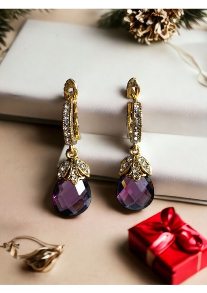 Mor Zirkon Taşlı Kedi Gözü Küpe