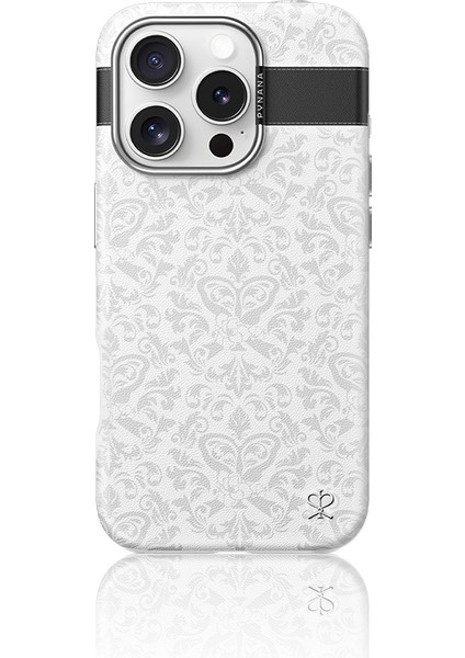 iPhone 16 Pro Kılıf Magsafe Şarj Özellikli Suni Deri Desenli Print Serisi Kapak Beyaz