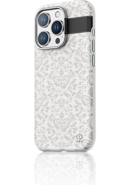 iPhone 16 Pro Kılıf Magsafe Şarj Özellikli Suni Deri Desenli Print Serisi Kapak Beyaz