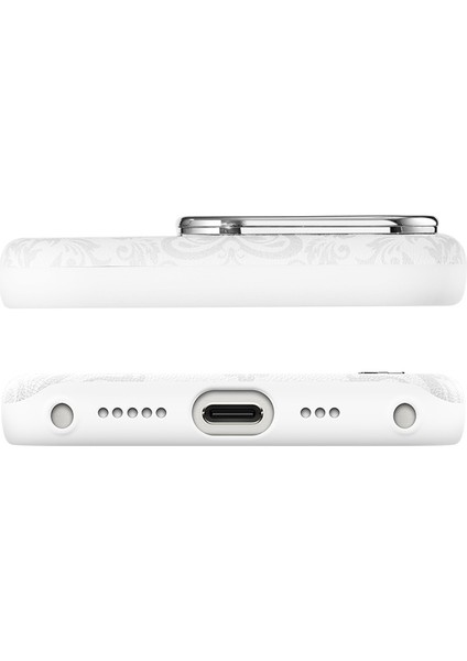 iPhone 16 Pro Kılıf Magsafe Şarj Özellikli Suni Deri Desenli Print Serisi Kapak Beyaz