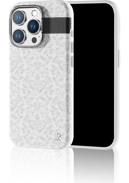 iPhone 16 Pro Kılıf Magsafe Şarj Özellikli Suni Deri Desenli Print Serisi Kapak Beyaz
