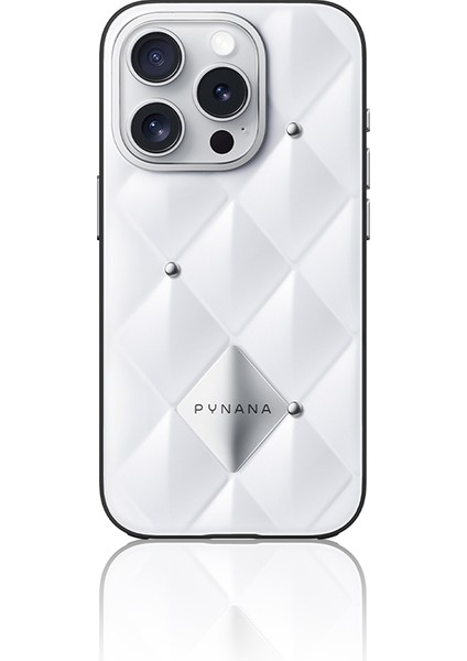 iPhone 16 Pro Kılıf Parlak Arka Yüzeyli Kabartma Kapitone Pynana Metal Diamond Serisi Kapak Beyaz