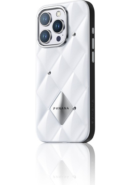 iPhone 16 Pro Kılıf Parlak Arka Yüzeyli Kabartma Kapitone Pynana Metal Diamond Serisi Kapak Beyaz fiyatları