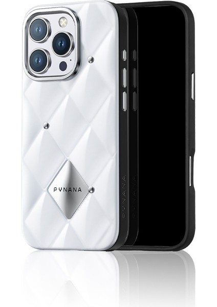 iPhone 16 Pro Kılıf Parlak Arka Yüzeyli Kabartma Kapitone Pynana Metal Diamond Serisi Kapak Beyaz indirimleri