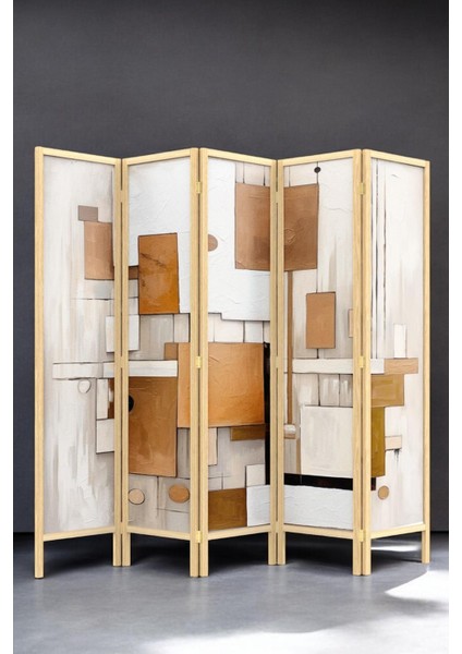Doğal Ahşap Soyut Tek Taraf Baskılı 5 Kanat Paravan Seperatör Oda Bölme