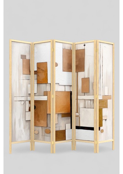 Doğal Ahşap Soyut Tek Taraf Baskılı 5 Kanat Paravan Seperatör Oda Bölme modelleri