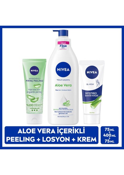 Aloe Vera El Bakım Kremi 75ml, Yoğun Nemlendirici Vücut Losyon 400ml, Arındırıcı Pirinç Peeling 75ml