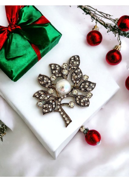 Turkuaz Taşlı Ağaç Figürü İnci Broş