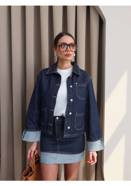 Denim Katlamalı Ceket Etek Takım