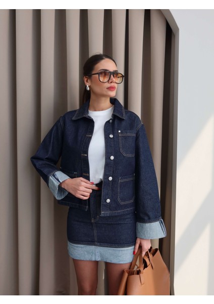 Denim Katlamalı Ceket Etek Takım