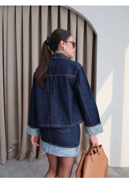 Denim Katlamalı Ceket Etek Takım