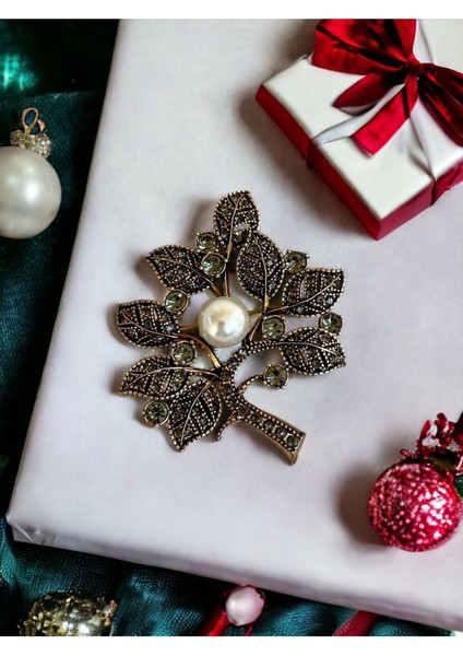 Turkuaz Taşlı Ağaç Figürü İnci Broş