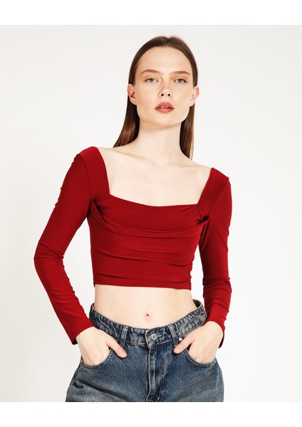 Bordo Kare Yaka Buzzy Crop Top