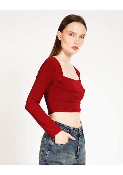Bordo Kare Yaka Buzzy Crop Top