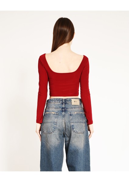 Bordo Kare Yaka Buzzy Crop Top