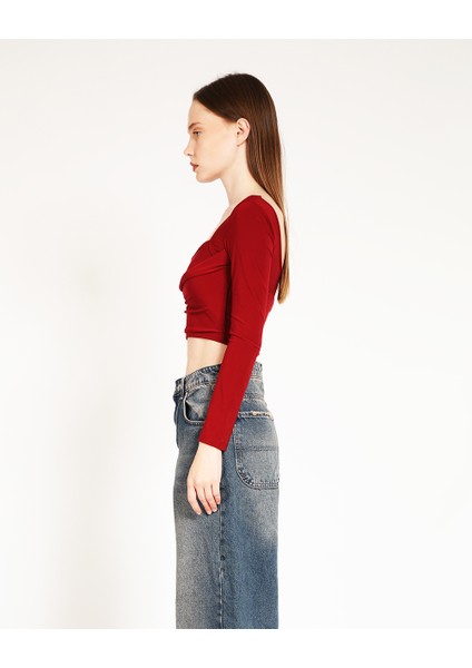 Bordo Kare Yaka Buzzy Crop Top