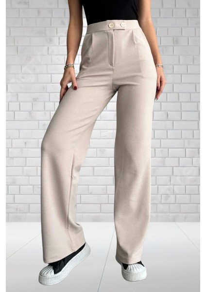 Kadın Bej Yüksek Bel Krep Kumaş Likralı Rahat Kesim Çift Düğmeli Palazzo Pantolon