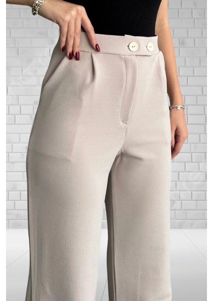 Kadın Bej Yüksek Bel Krep Kumaş Likralı Rahat Kesim Çift Düğmeli Palazzo Pantolon fiyatları