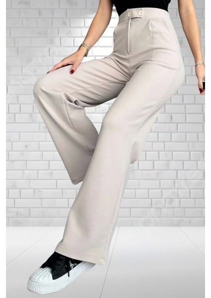 Kadın Bej Yüksek Bel Krep Kumaş Likralı Rahat Kesim Çift Düğmeli Palazzo Pantolon modelleri