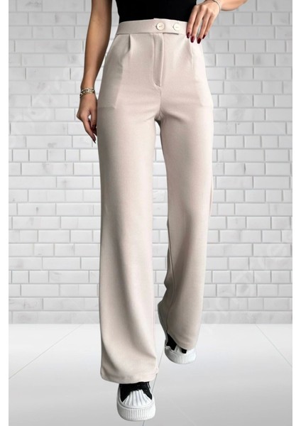 Kadın Bej Yüksek Bel Krep Kumaş Likralı Rahat Kesim Çift Düğmeli Palazzo Pantolon fırsatları