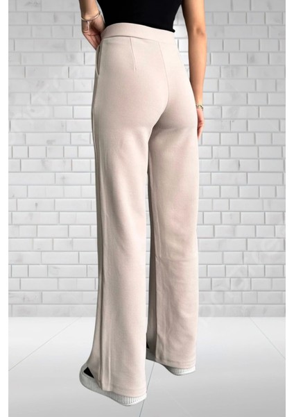 Kadın Bej Yüksek Bel Krep Kumaş Likralı Rahat Kesim Çift Düğmeli Palazzo Pantolon indirimleri
