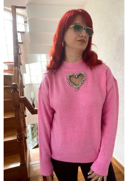 Pembe Taşlı Kalp Detaylı Kazak modelleri