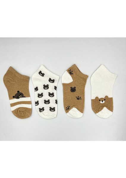 4 Çift Ayıcık Desenli Kadın Kısa Pamuk Patik Çorap Terletmeyen 4 Farklı Desen Bayan Çorap