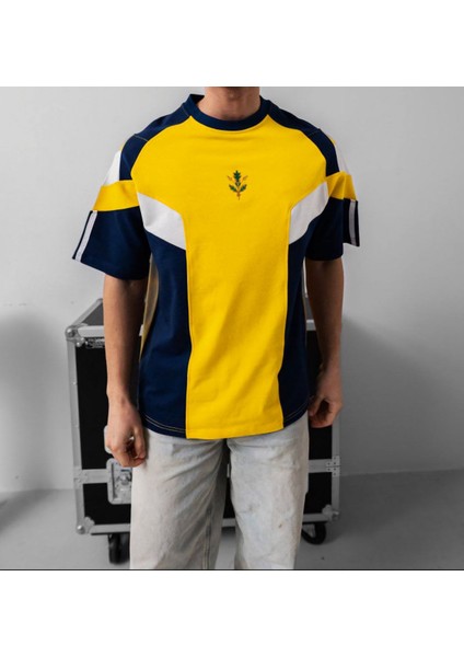 Sarı Lacivert Beyaz Figürlü Tişört - Sarı Lacivert T-Shırt modelleri