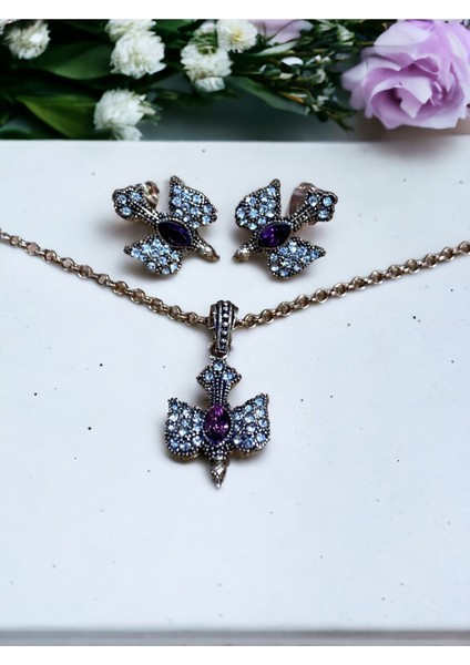 Kristal Taşlı Kırlangıç Figürü Kolye ve Küpe Seti