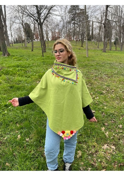 Kaşe Kumaş El Yapımı Rengarenk Panço