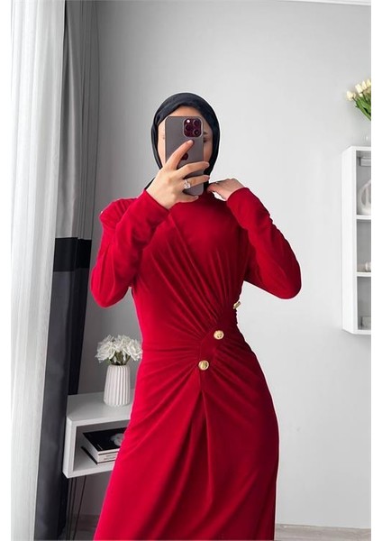 neşeli butik kadın likralı düğme detaylı tesettür elbise NMS046