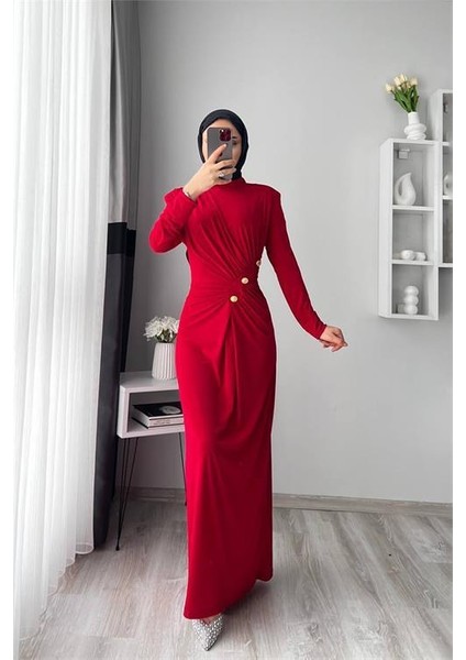 neşeli butik kadın likralı düğme detaylı tesettür elbise NMS046