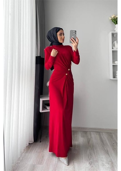 neşeli butik kadın likralı düğme detaylı tesettür elbise NMS046