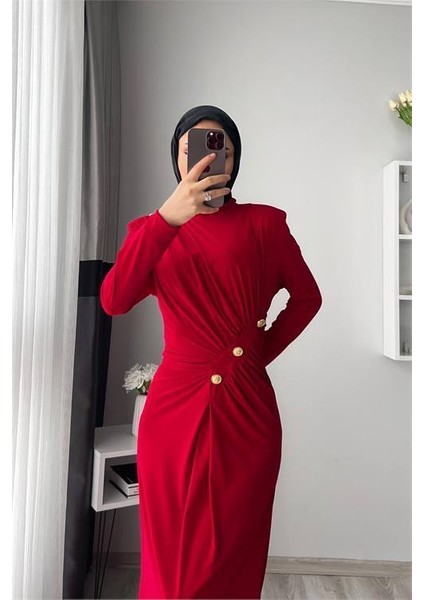 neşeli butik kadın likralı düğme detaylı tesettür elbise NMS046