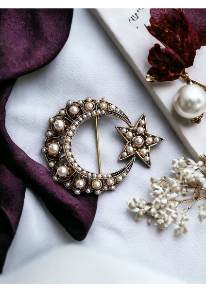 Kırmızı Beyaz Kristal Taşlı Elmas Montür Ay Yıldız Broş