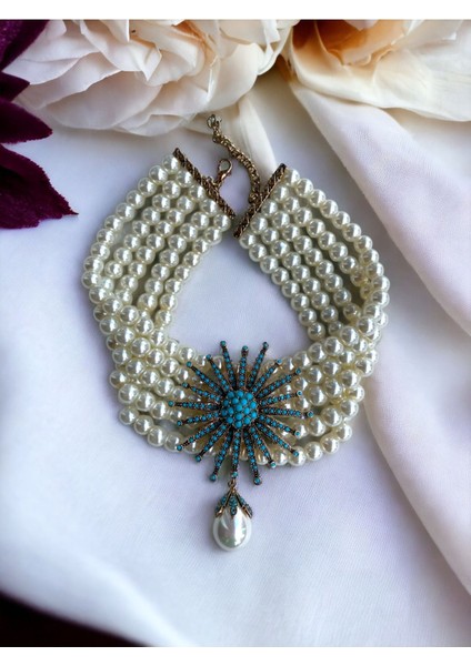 Turkuaz Taşlı Beyaz İnci Sallantılı Kolye