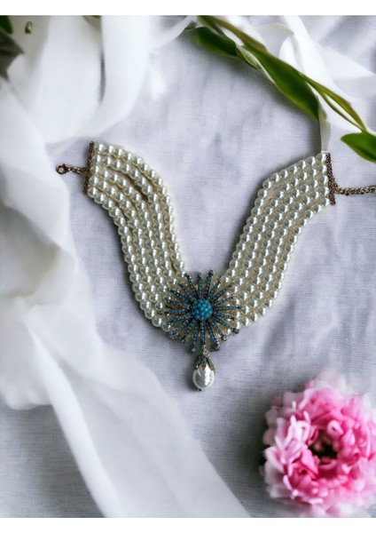 Turkuaz Taşlı Beyaz İnci Sallantılı Kolye fiyatları