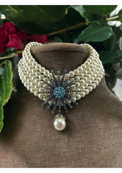 Turkuaz Taşlı Beyaz İnci Sallantılı Kolye modelleri