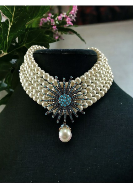 Turkuaz Taşlı Beyaz İnci Sallantılı Kolye fırsatları