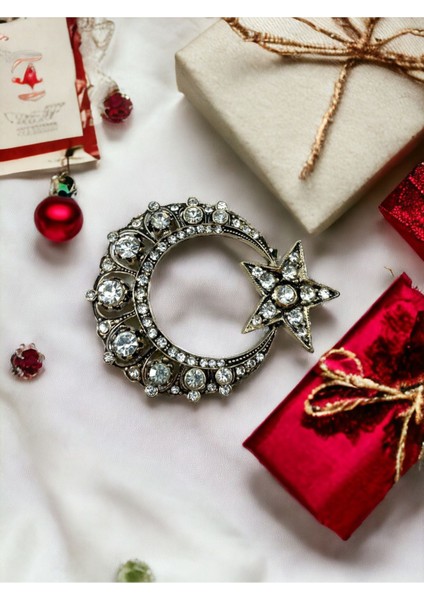 Kırmızı Beyaz Kristal Taşlı Elmas Montür Ay Yıldız Broş