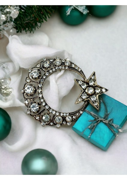 Kırmızı Beyaz Kristal Taşlı Elmas Montür Ay Yıldız Broş modelleri