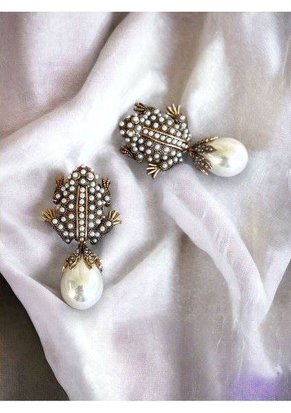 Kurbağa Figür İnci Sallantılı Küpe