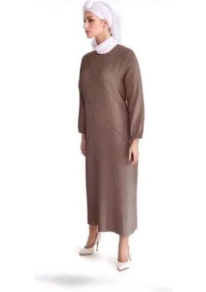 Tesettür Uzun Elbise Önü Taş Detaylı Kolları Uzun Lastikli Armürlü Desen fırsatları