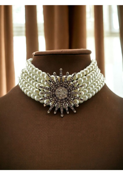 Turkuaz Taş Detaylı İnci Kolye