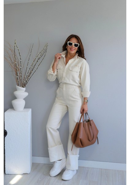 Ekru Paça Detay Beli Lastikli Gabardin Tulum